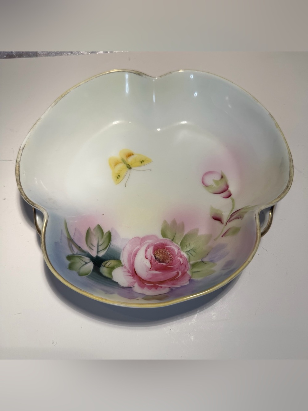 Vintage Meito China Clover-shaped Dish Hand-painted Pink Rose and Butterfly Gold